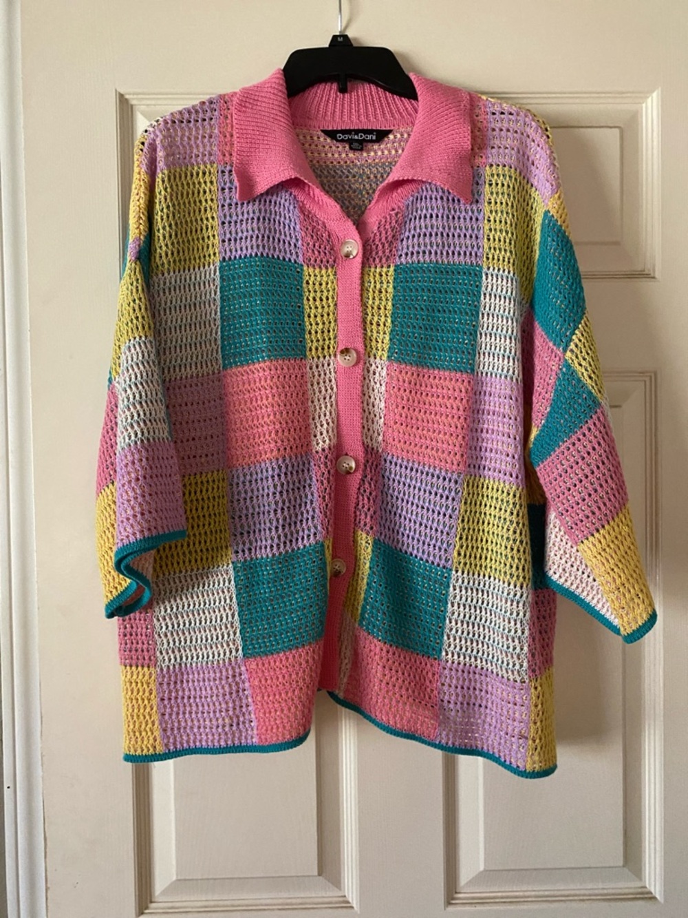 DAVI & DANI Pink Multi-Color Crochet Check Button Cardigan